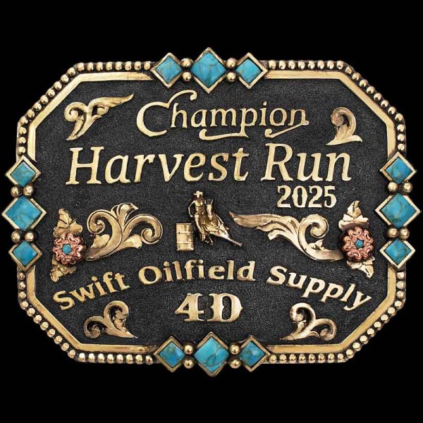 Our Apache Junction Belt Buckle is handcrafted on a Jeweler's Bronze base, featuring a straight and beaded edge detailed with diamond-shaped turquoise stones. We have added hand-engraved scrollwork in Jeweler's Bronze and copper flowers, accented with you